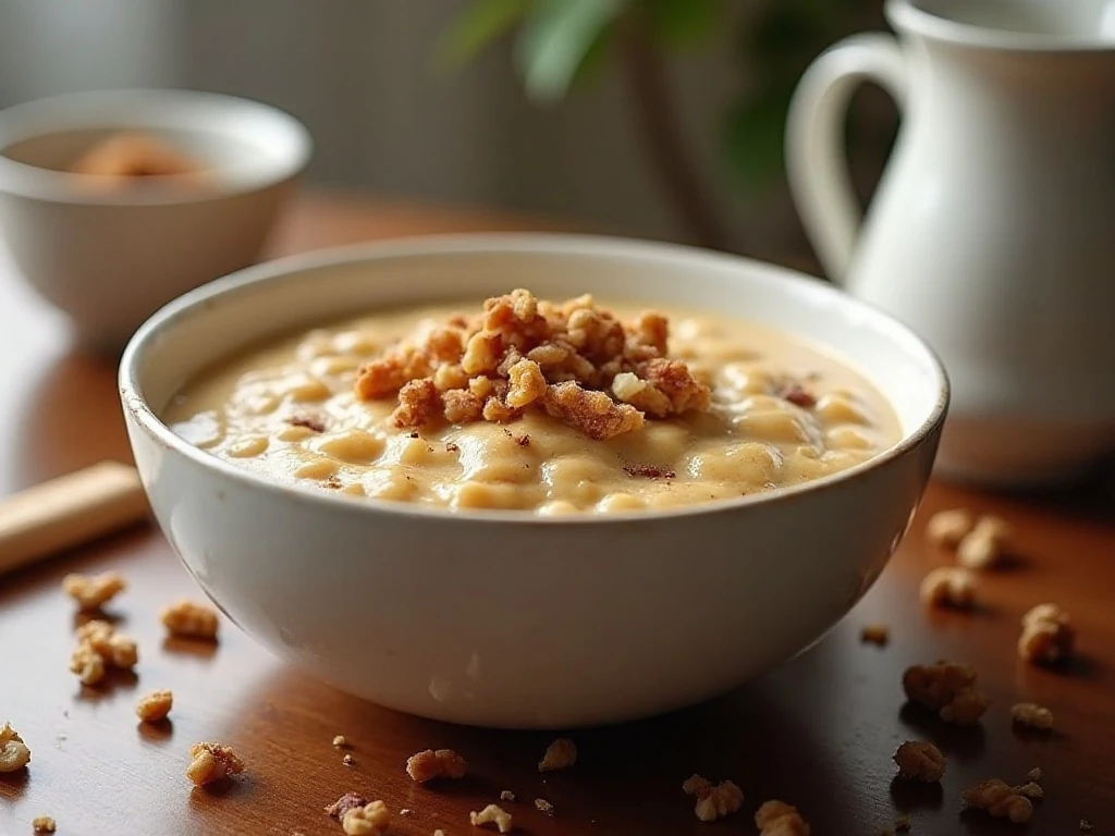 Creamy maple walnut keto noatmeal served warm for breakfast
