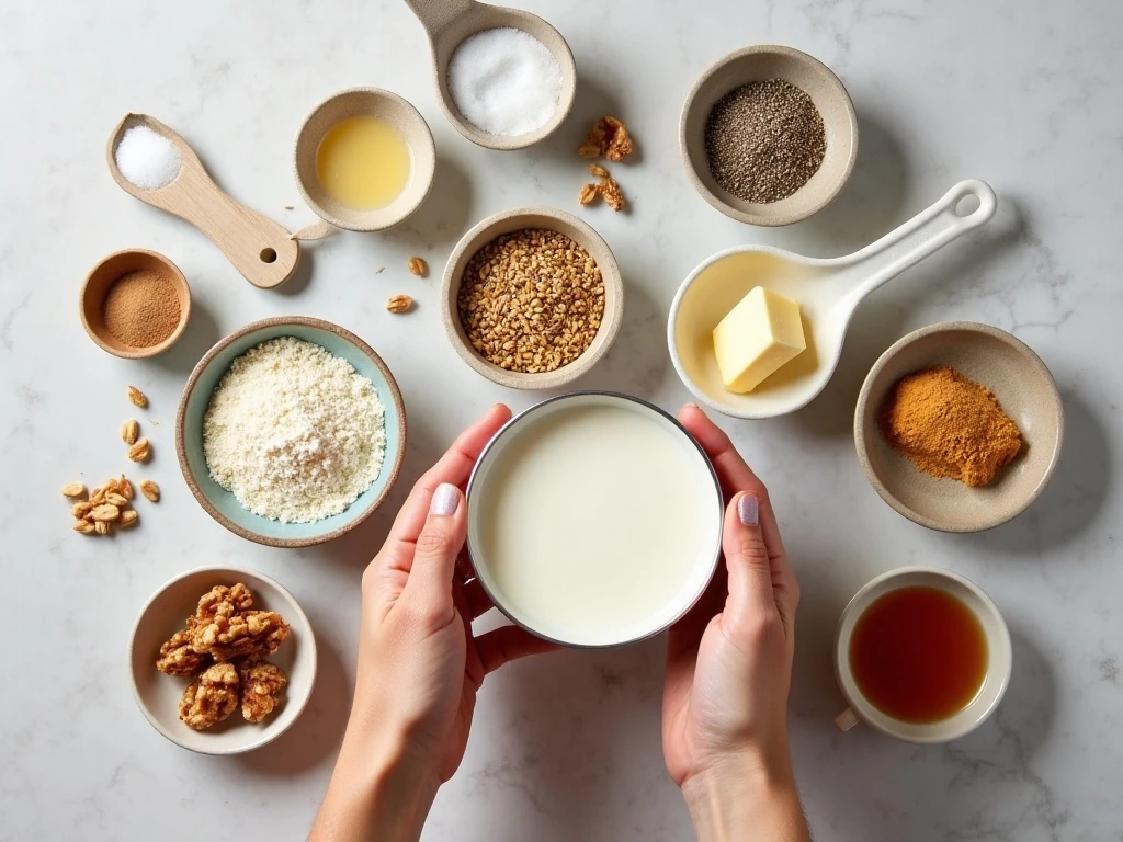 Ingredients for maple walnut noatmeal arranged for cooking