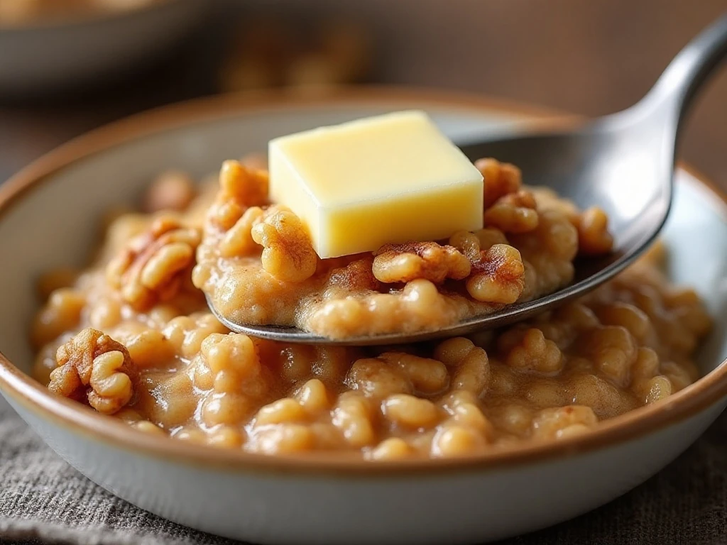 Close-up of creamy noatmeal texture with walnuts and cinnamon