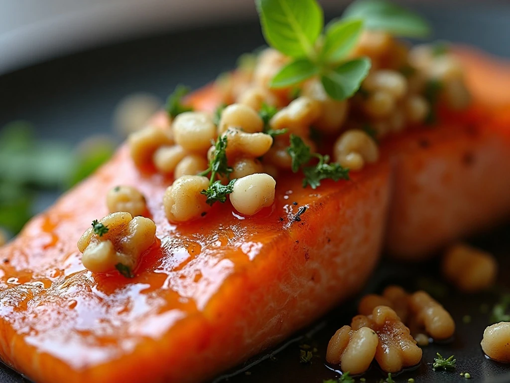 Close-up of the crisp maple walnut topping on salmon