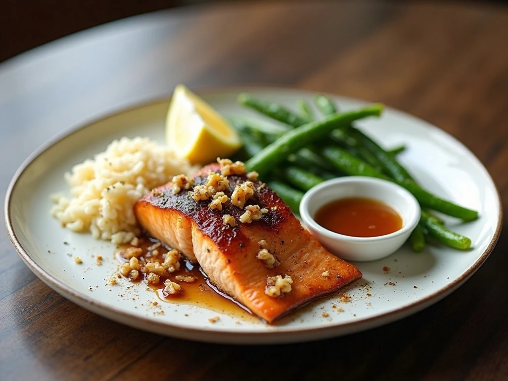 Maple walnut salmon with rice and vegetables