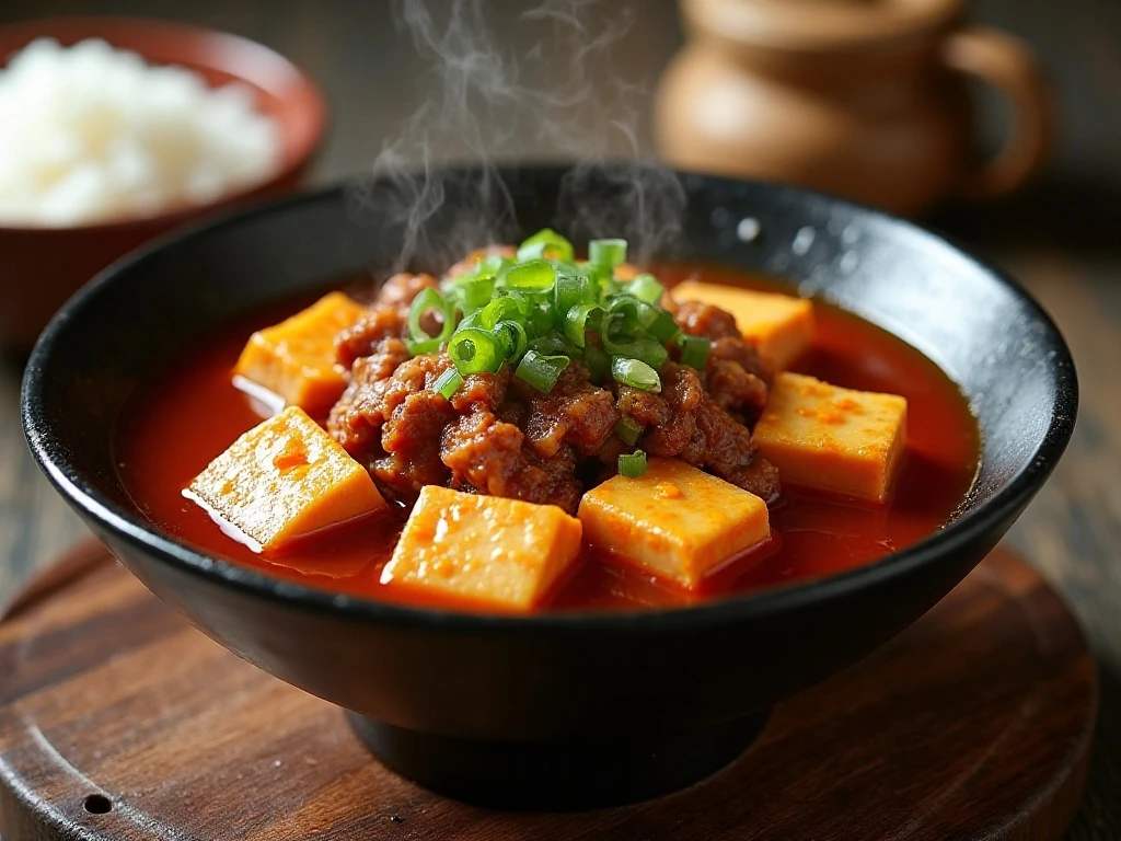 Authentic mapo tofu with pork and steamed rice