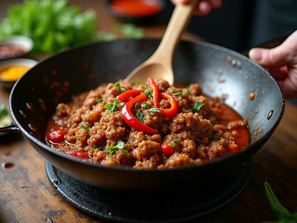Frying doubanjiang and aromatics for mapo tofu