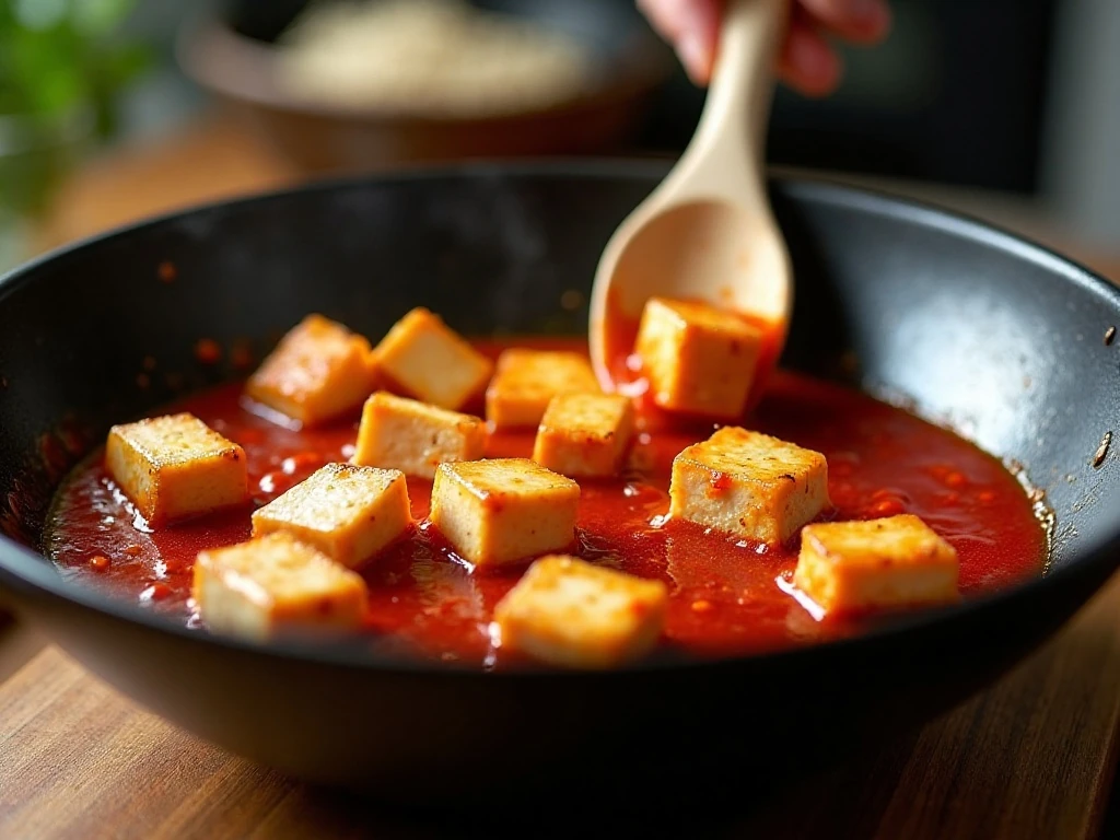 Gently folding tofu into mapo tofu sauce