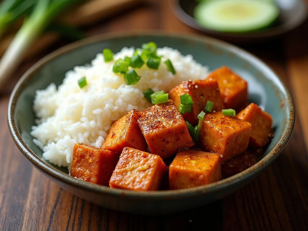 Mapo tofu served with steamed white rice