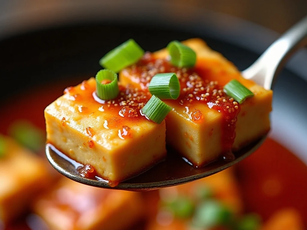 Glossy mapo tofu sauce with scallion garnish
