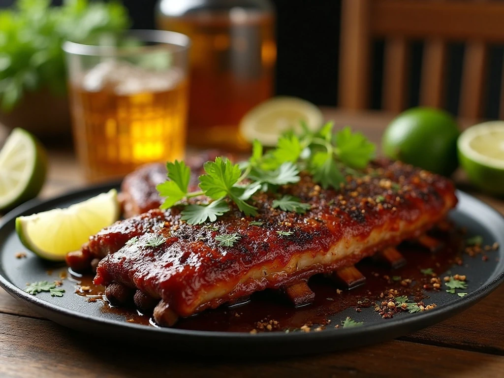 Margarita-style pork spare ribs served with lime wedges and cilantro