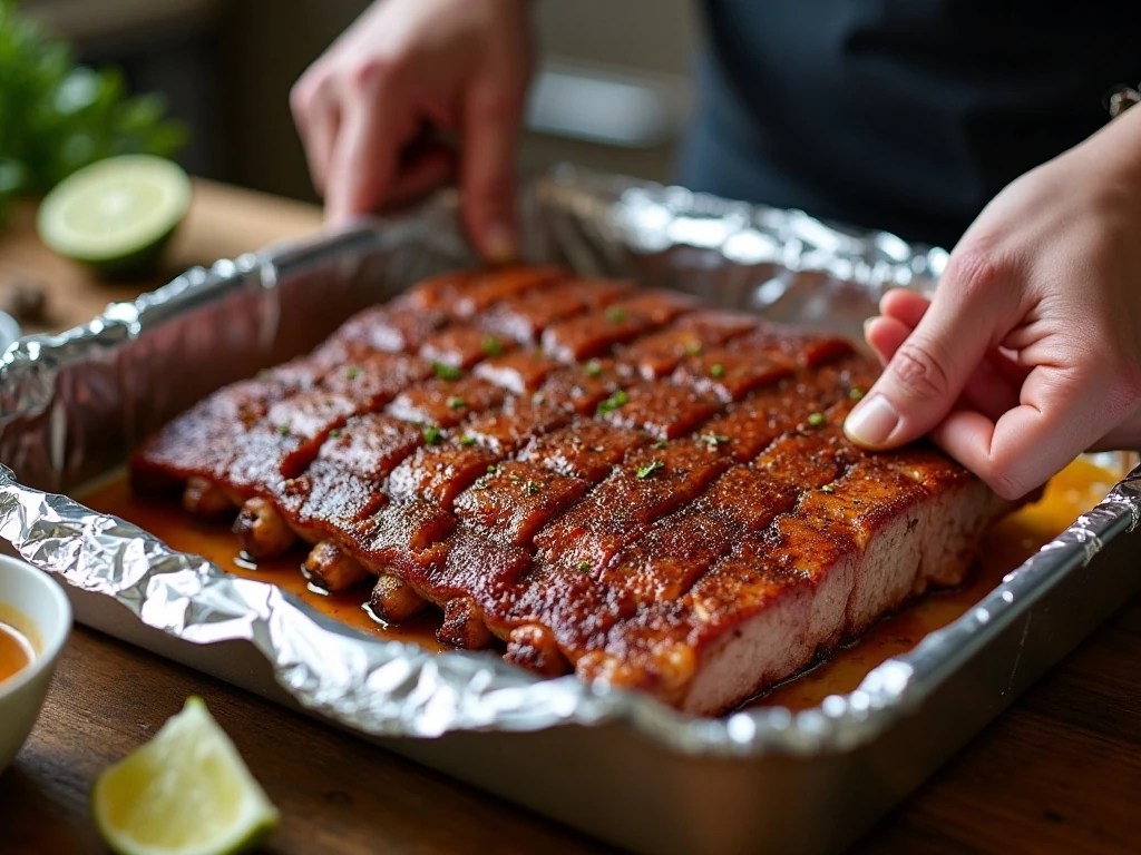 Preparing marinated pork spare ribs for covered oven cooking