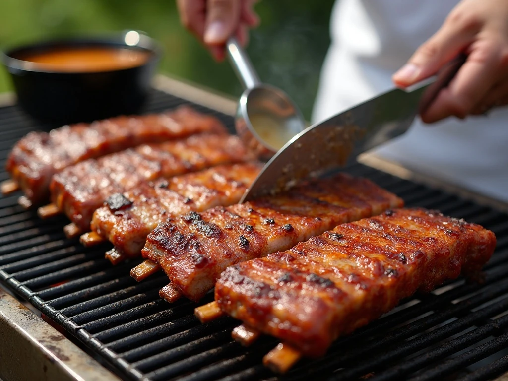 Pork spare ribs finishing on a hot grill with caramelized edges