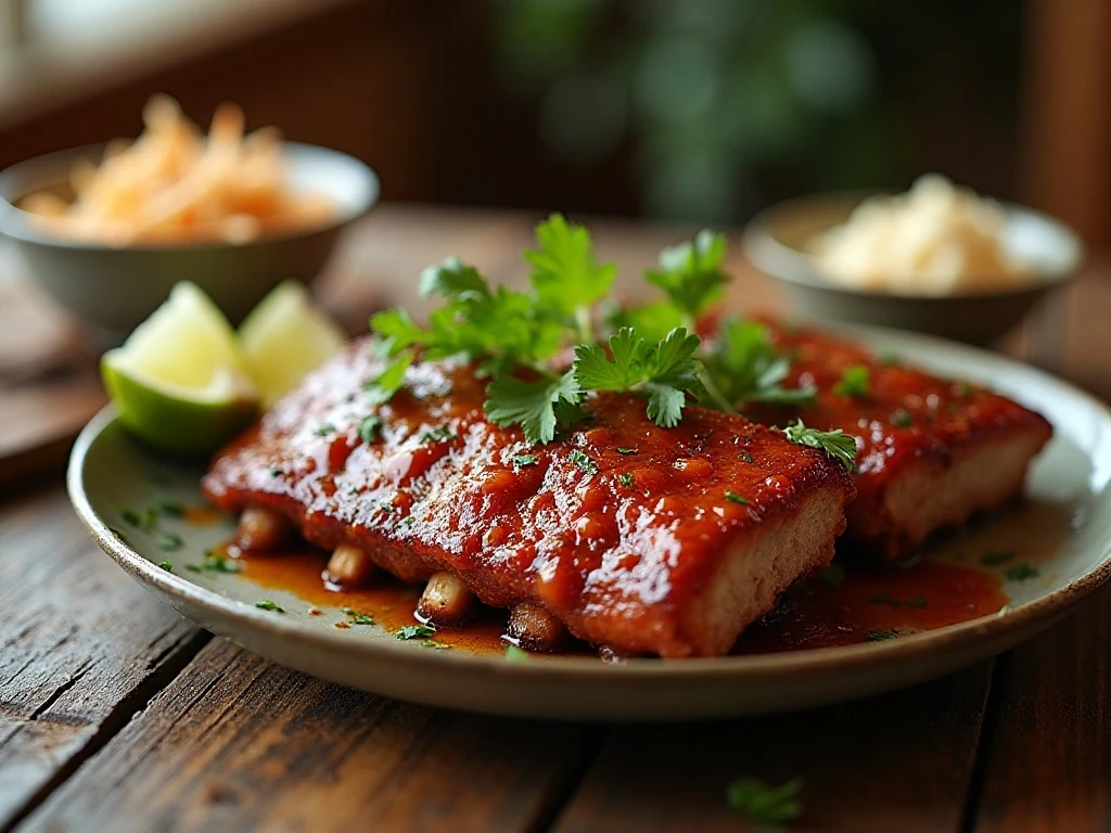 Tender margarita-style pork spare ribs served with lime wedges and cilantro