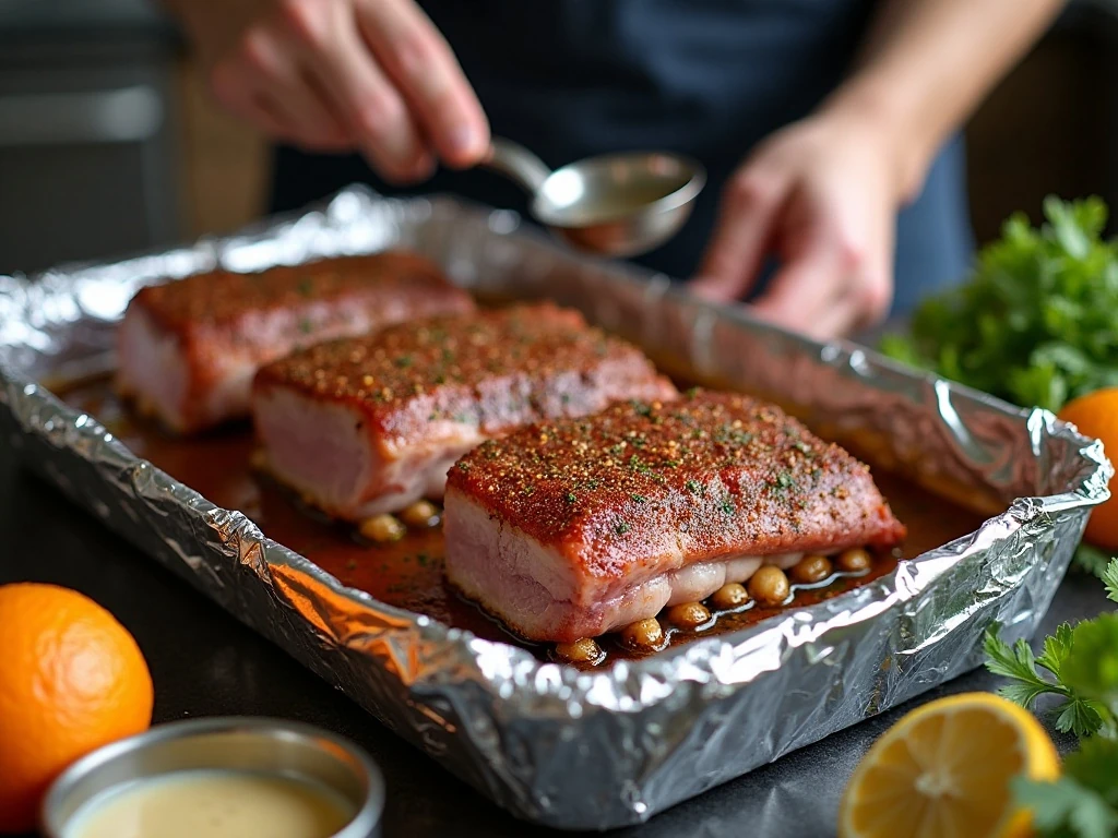 Preparing seasoned pork spare ribs for covered oven cooking