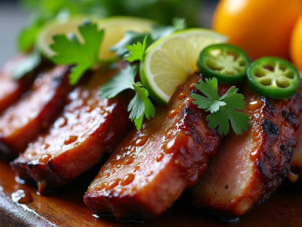 Close-up of zesty pork ribs with cilantro, lime, and jalapeño garnish