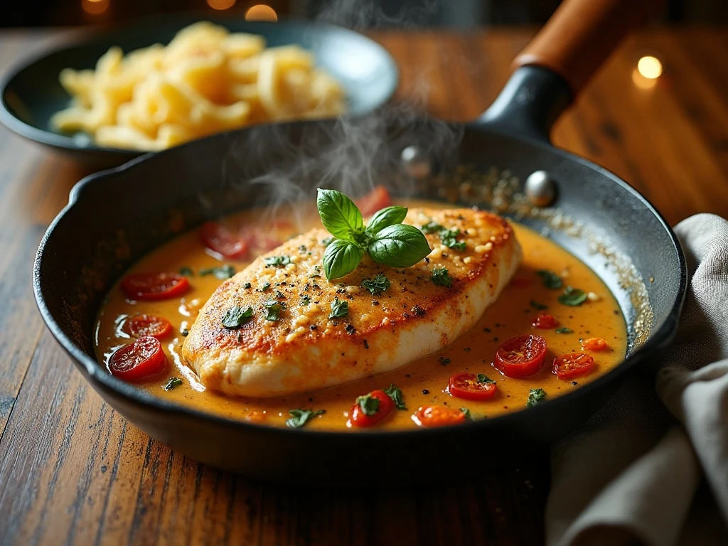 Creamy Marry Me chicken with sun-dried tomatoes and basil served for dinner