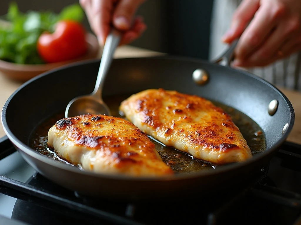 Chicken breasts searing in butter and olive oil for Marry Me chicken