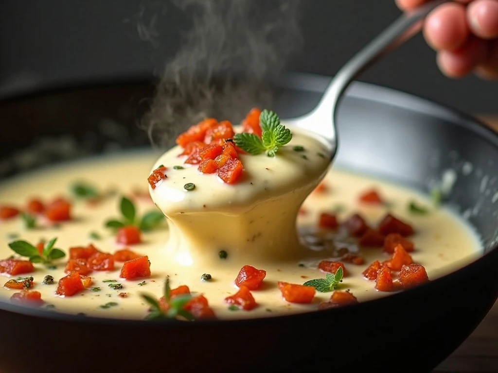 Creamy Parmesan sauce with sun-dried tomatoes simmering in a skillet