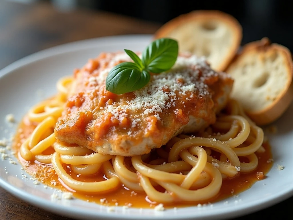 Marry Me chicken served over pasta with crusty bread