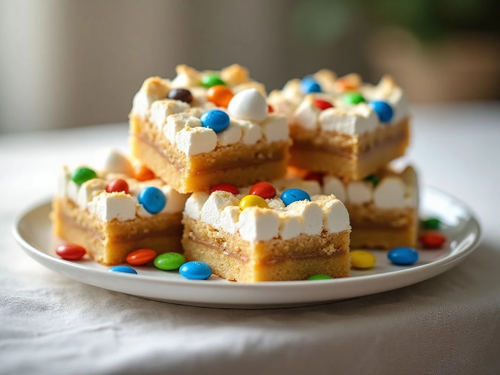 Stack of chewy Marshmallow Dream Bars with puffy marshmallows and colorful M&M’s