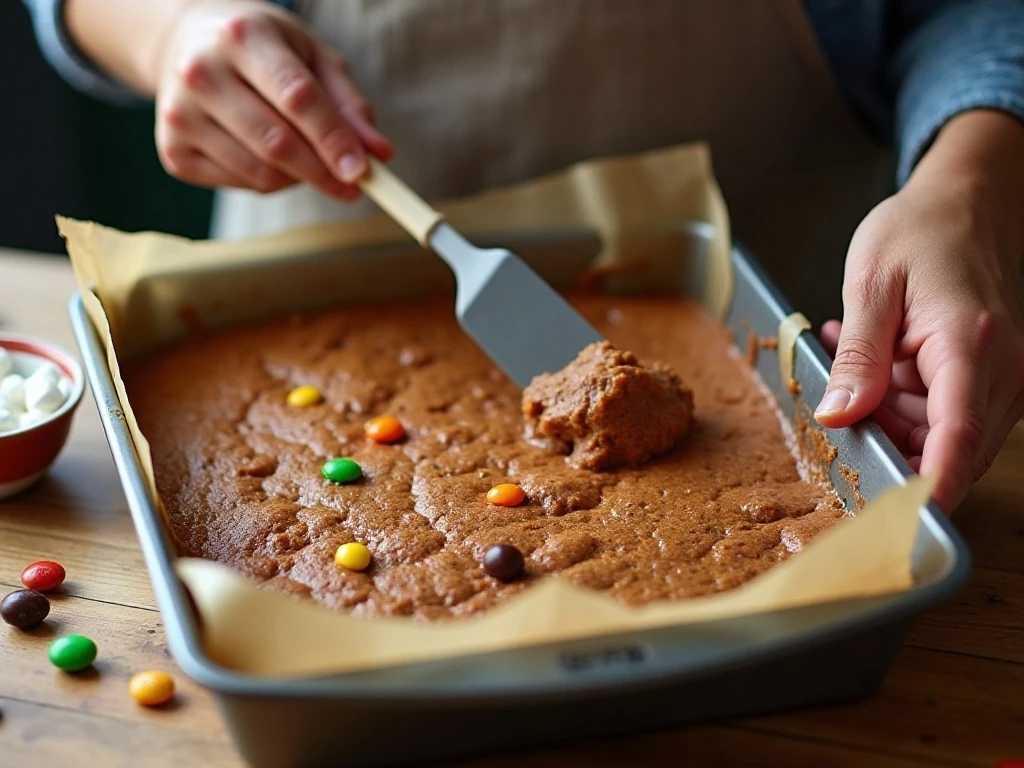Spreading blondie batter in a pan for Marshmallow Dream Bars