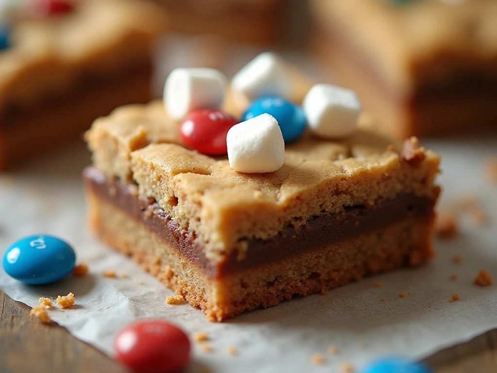 Close-up of marshmallow and M&M topping on a chewy blondie bar