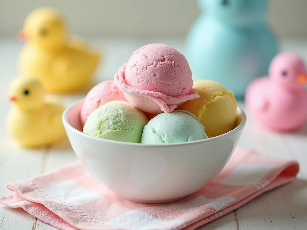 Pastel marshmallow Peeps ice cream served for an Easter dessert