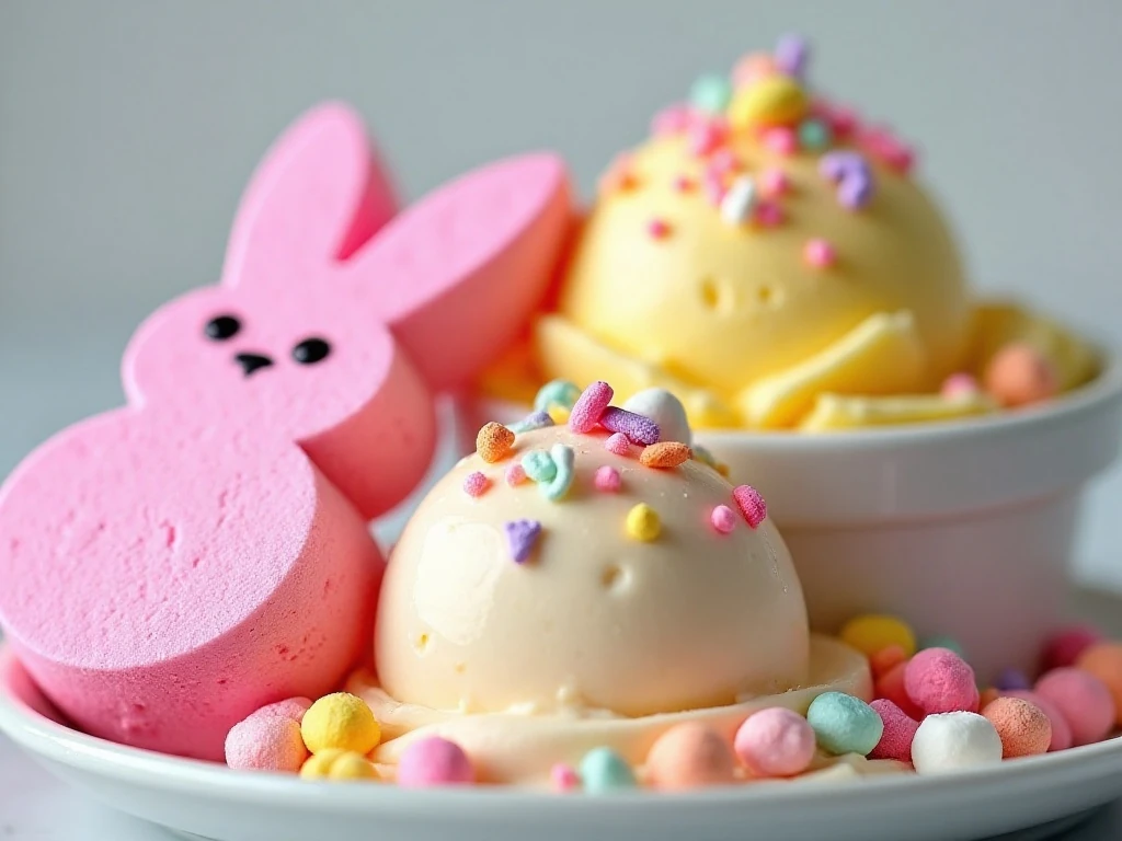Peeps ice cream topped with pastel sprinkles and crushed marshmallows