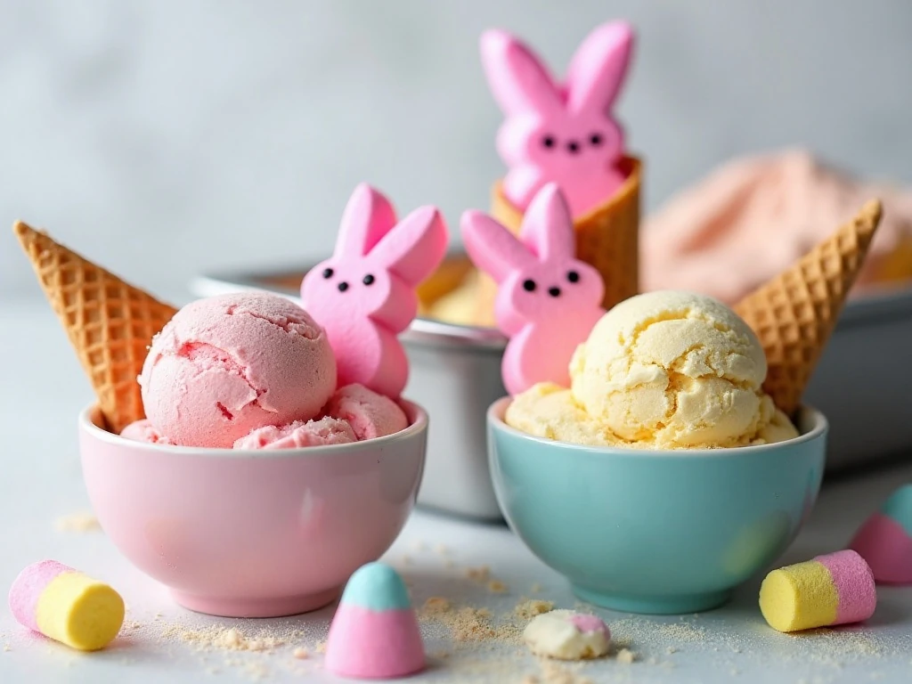 Scoops of frozen Peeps ice cream ready to serve