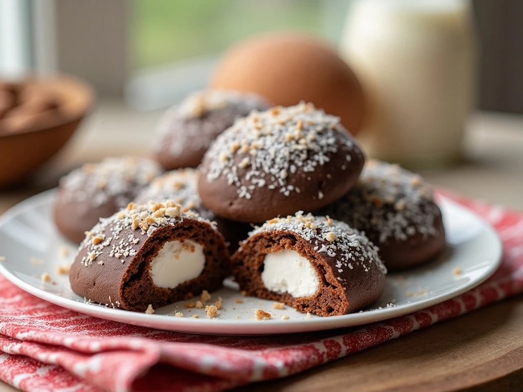 Chocolate coconut marshmallow roll cookies arranged on a dessert platter