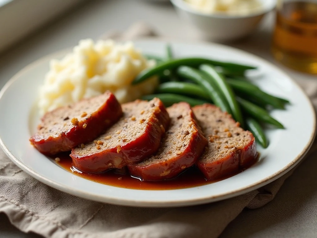 Glazed microwave meatloaf served with mashed potatoes and green beans