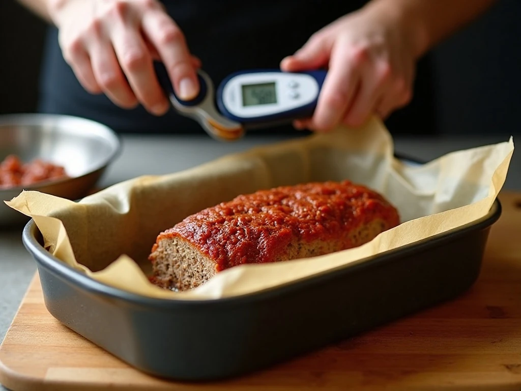 Checking microwave meatloaf temperature with an instant-read thermometer