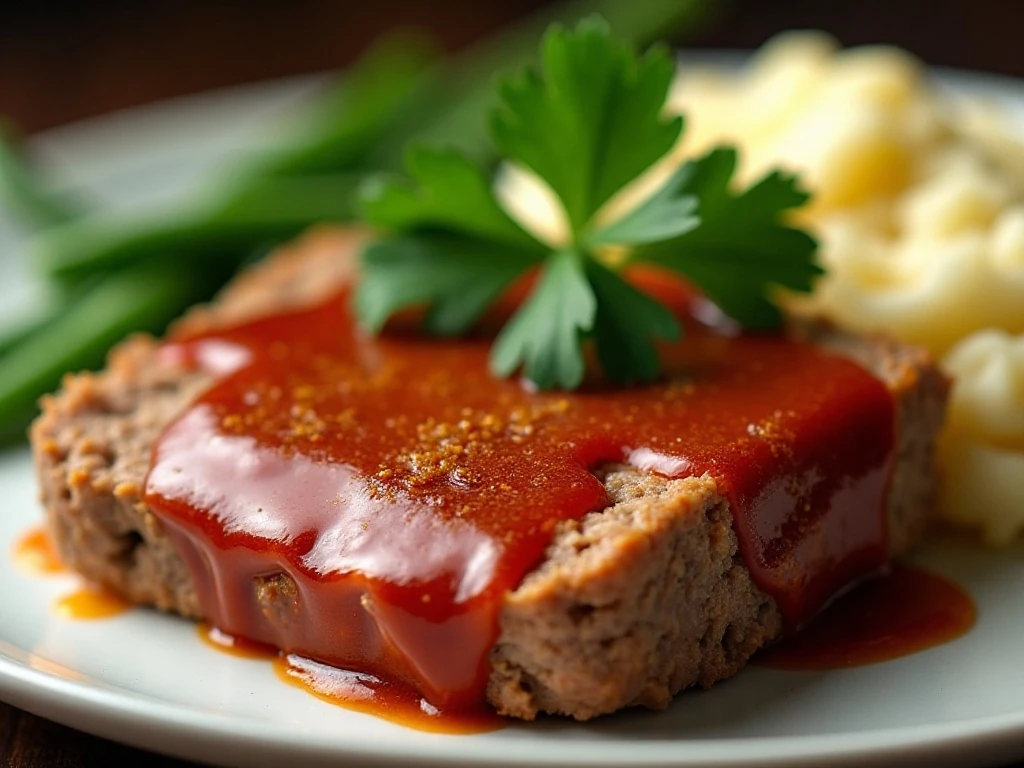 Close-up of glazed meatloaf with classic dinner sides