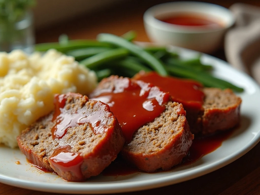 Juicy glazed microwave meatloaf served with mashed potatoes and green beans