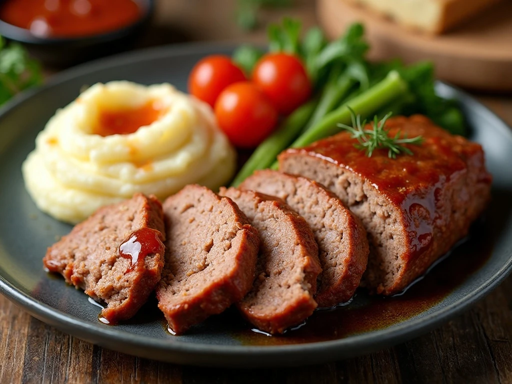 Microwave meatloaf dinner platter with potatoes and vegetables