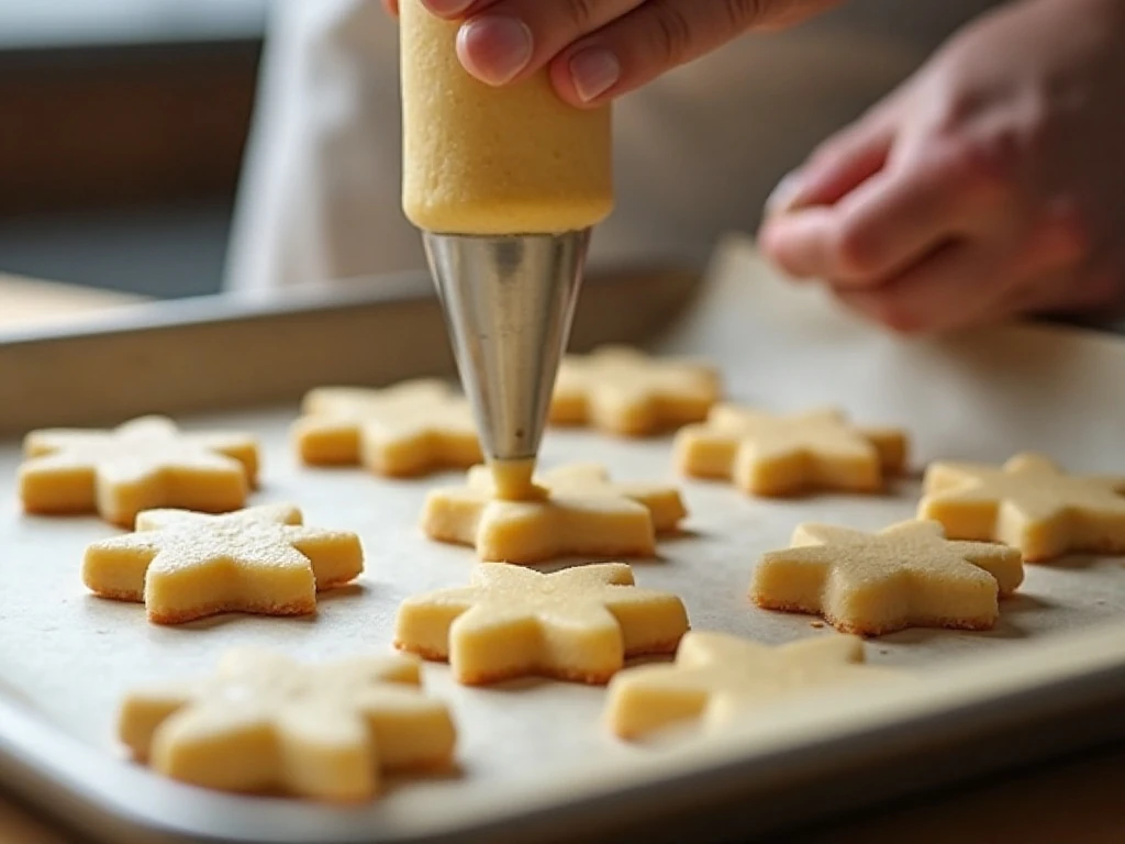 Piping Viennese whirl biscuit dough onto a baking tray