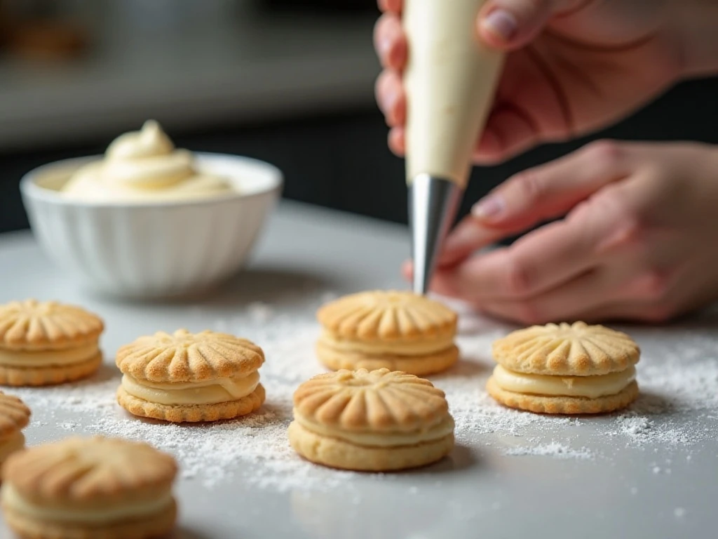 Cooled Viennese biscuits and vanilla buttercream ready for filling