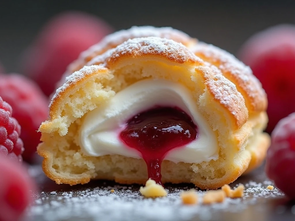 Close-up of a raspberry-filled Viennese whirl