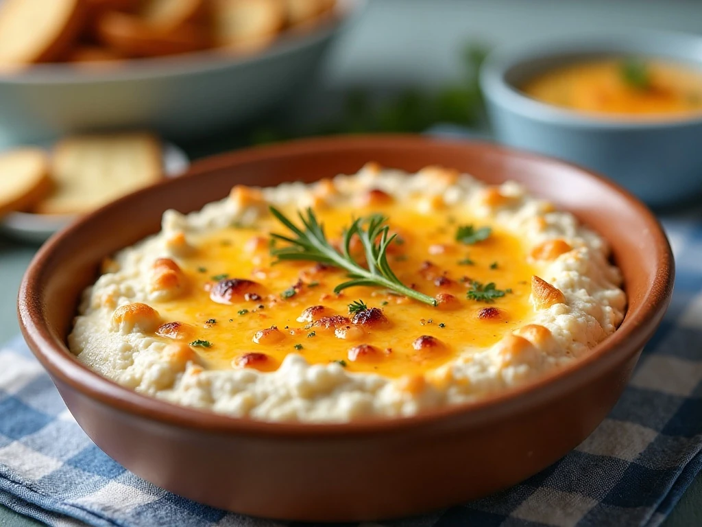 Hot Maryland crab dip served with crackers and toasted baguette
