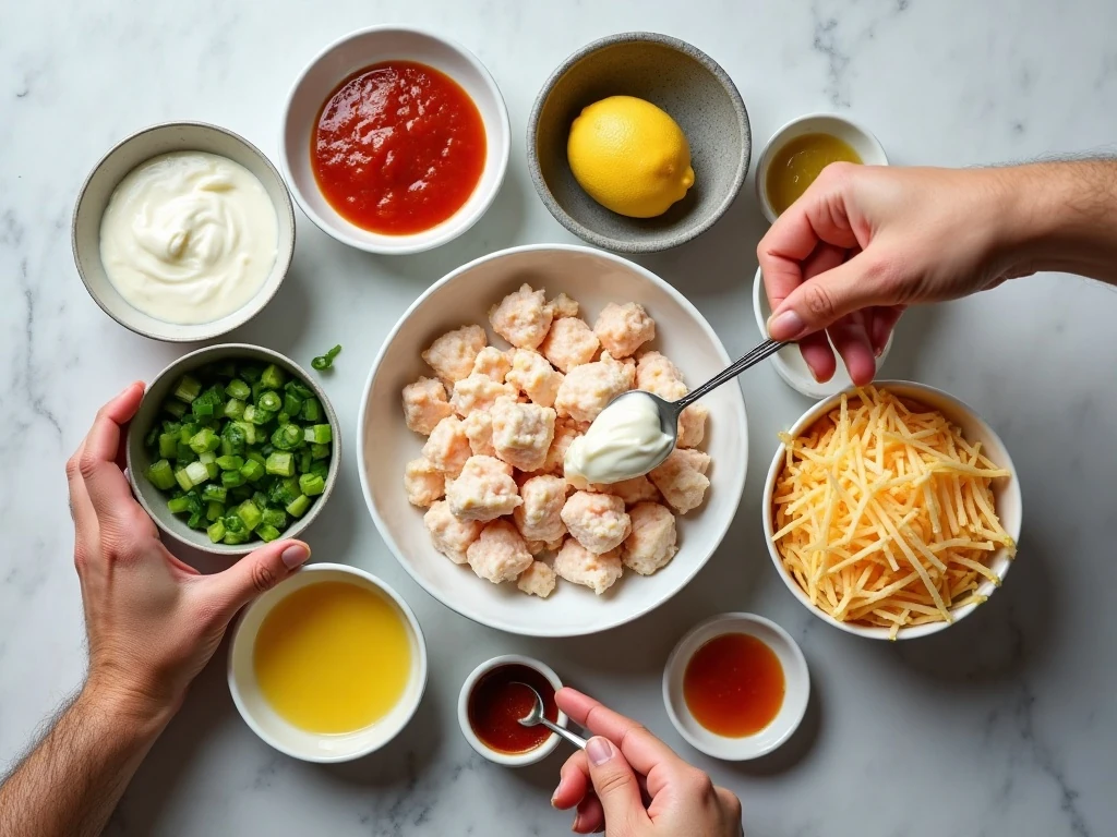 Ingredients for creamy Maryland crab dip arranged for cooking