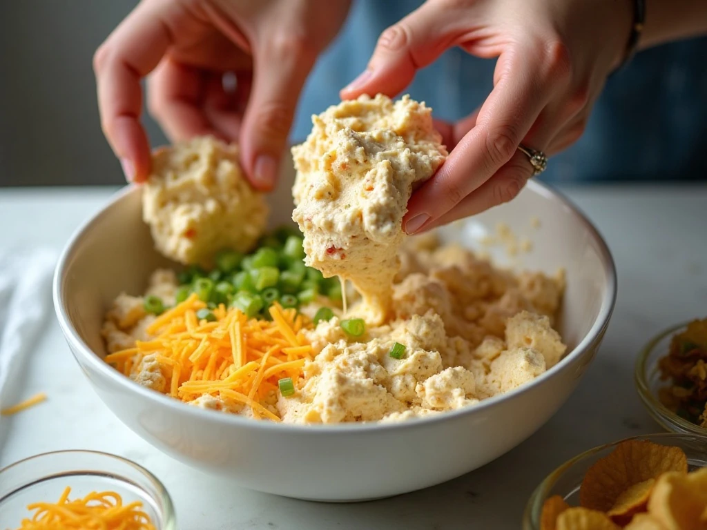 Gently folding lump crabmeat into the creamy dip mixture