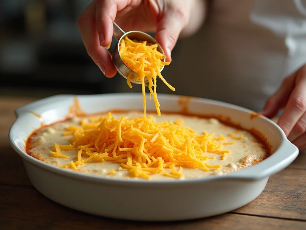 Cheddar and Old Bay topping added to Maryland crab dip before baking