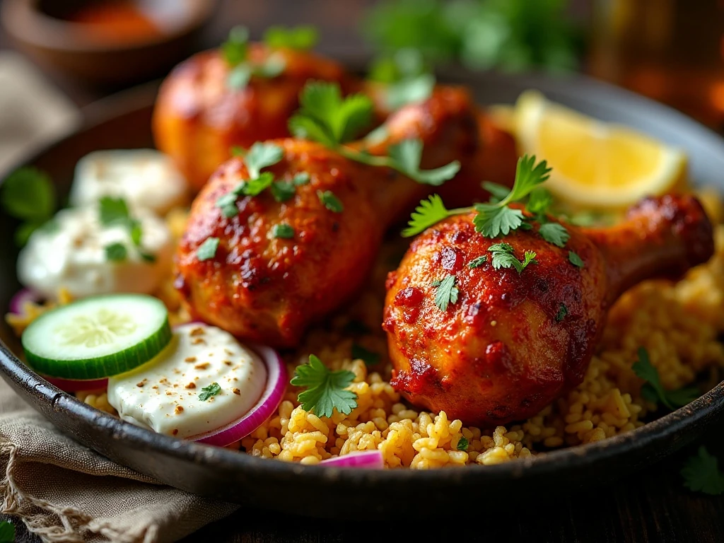 Spicy masala chicken drumsticks served with rice, raita, onions, cilantro, and lemon