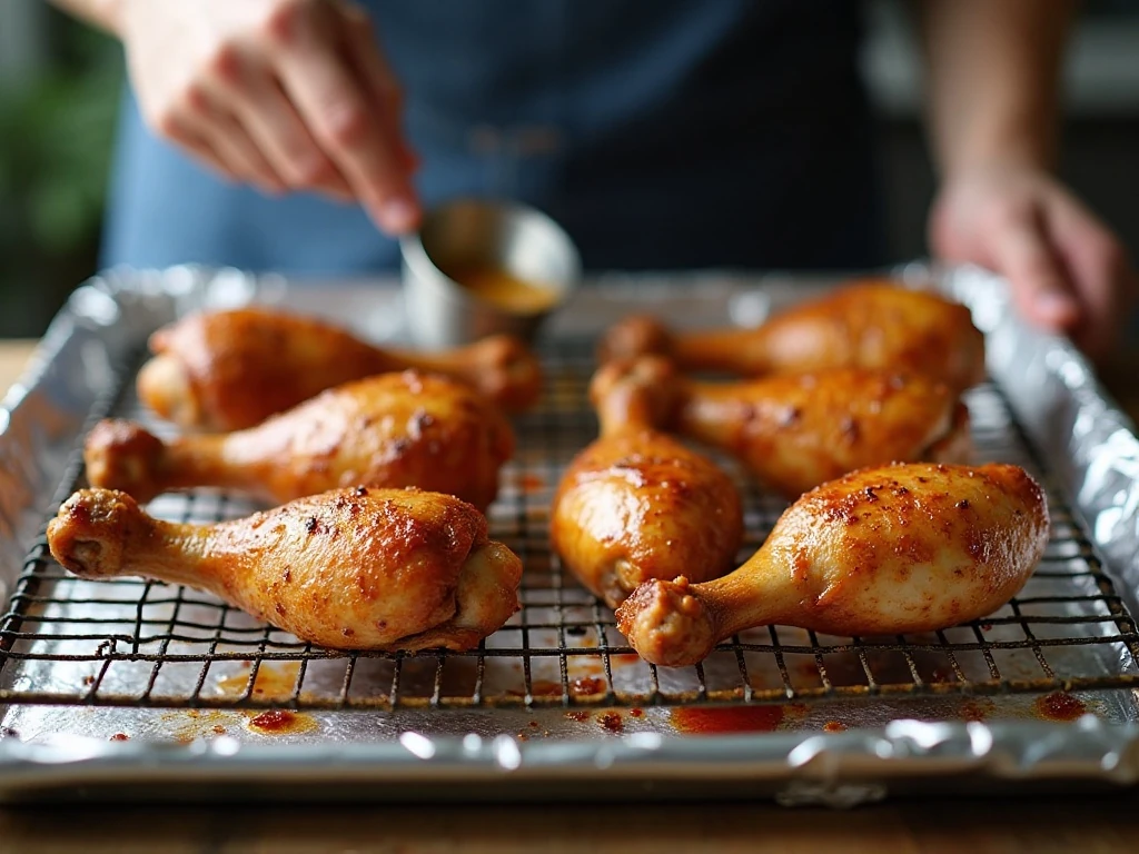 Marinated masala chicken drumsticks arranged on a baking rack