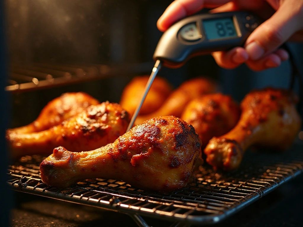 Thermometer checking the doneness of baked masala chicken drumsticks
