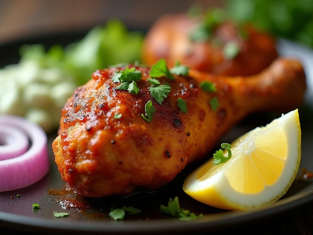 Masala chicken drumstick garnished with cilantro and served with lemon