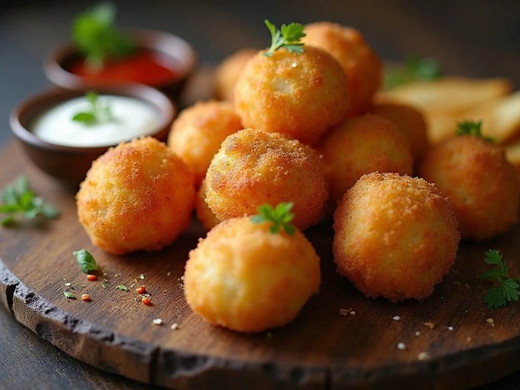 Crispy mashed potato balls served with dipping sauces