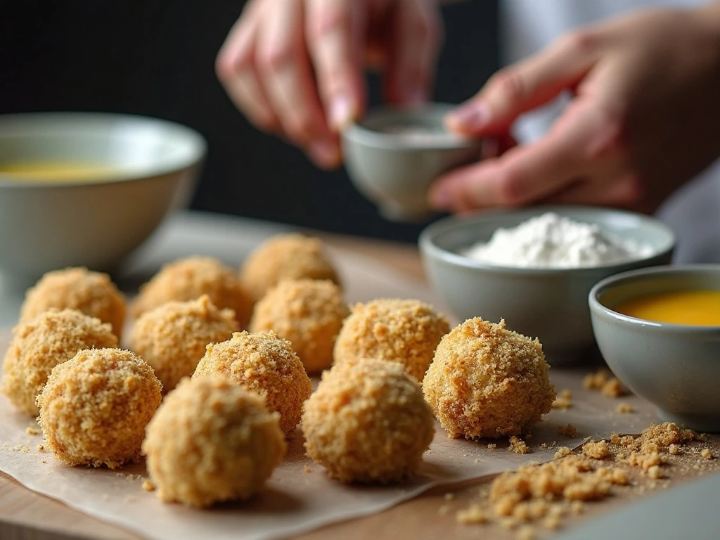 Breading mashed potato balls before frying
