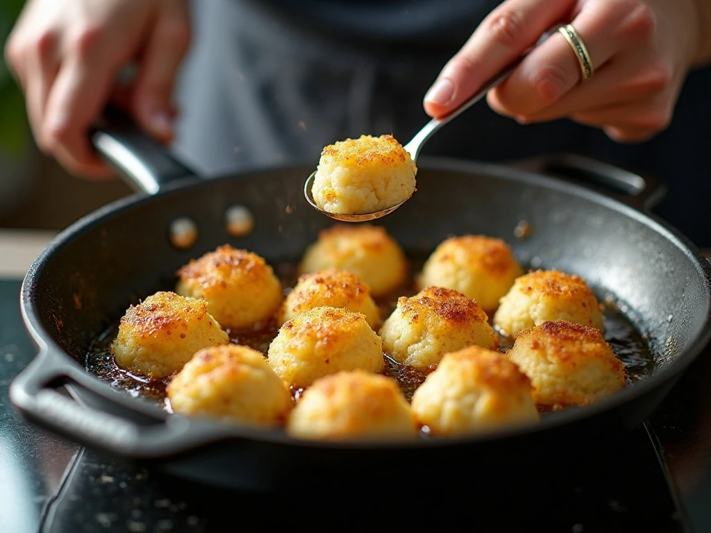 Mashed potato balls frying until golden and crisp