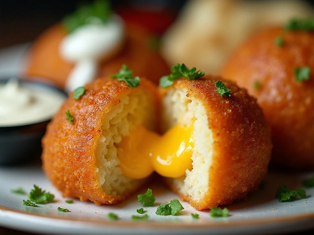 Crispy potato ball with cheesy center and dipping sauces