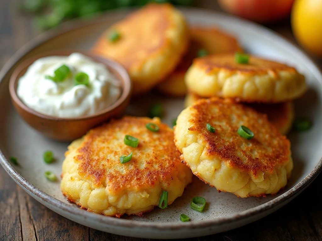 Crispy mashed potato patties served with sour cream and green onions