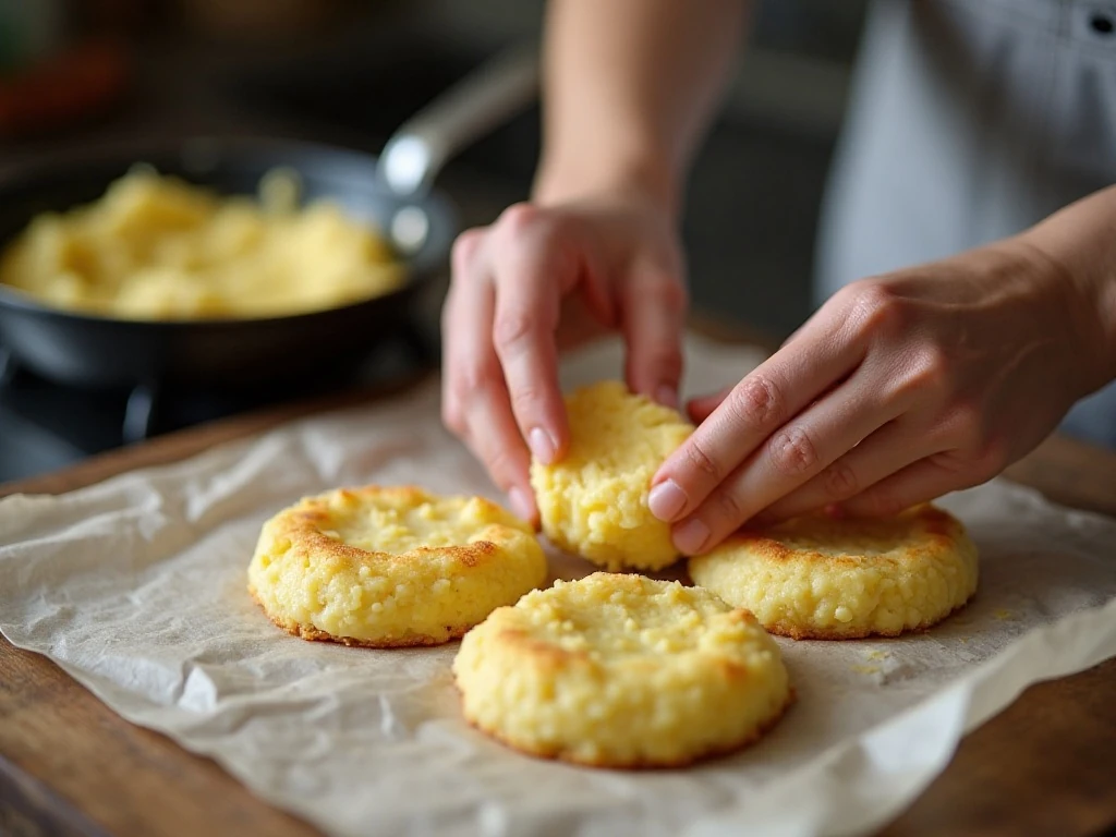 Shaping mashed potato mixture into patties before frying