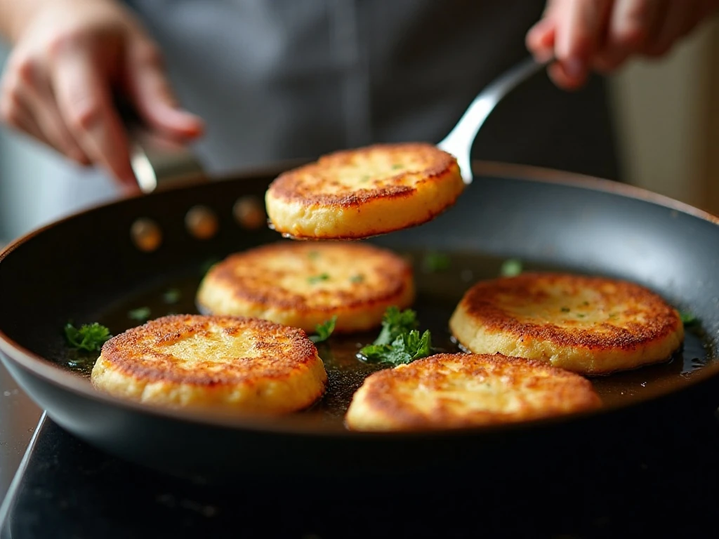Mashed potato patties frying until golden and crisp